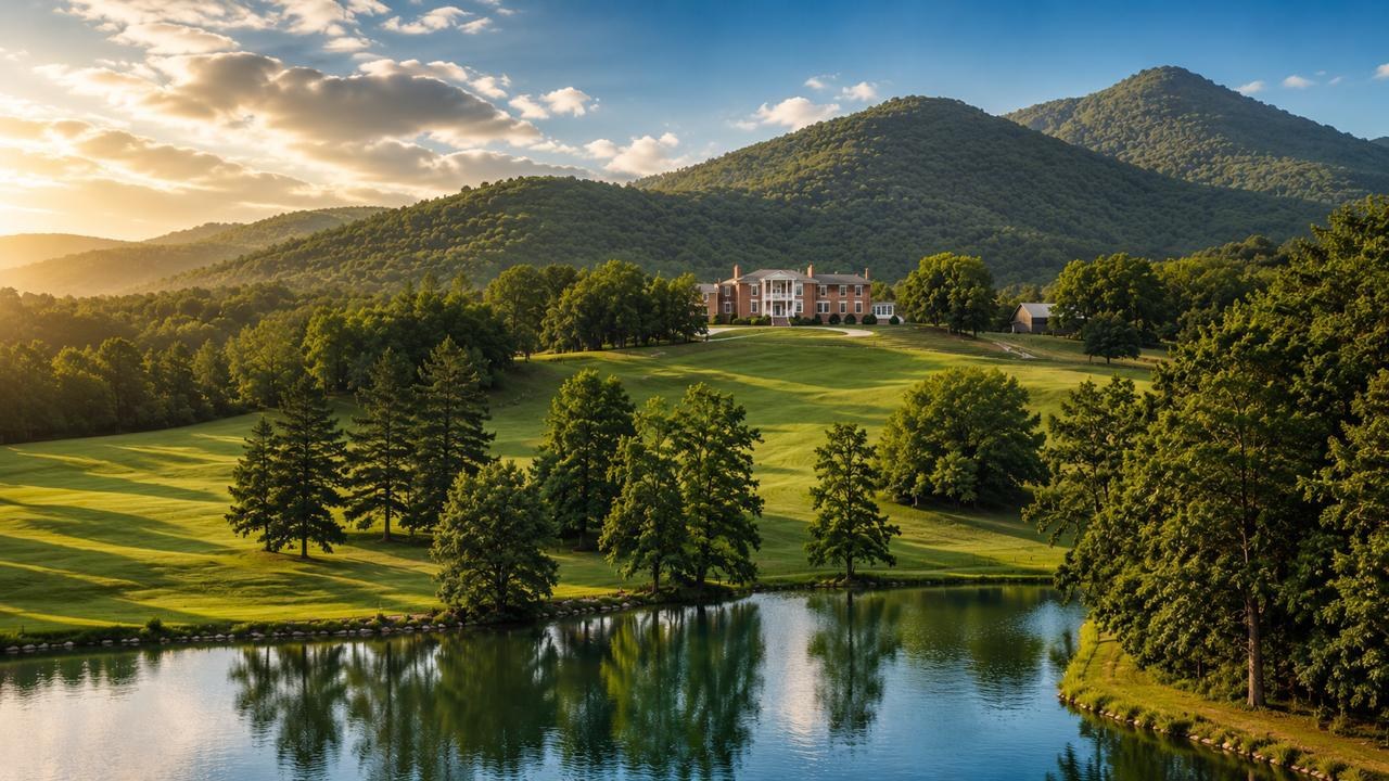 The Institute's Blue Ridge property at golden hour, open pasture and mature trees sloping down to the lake.
