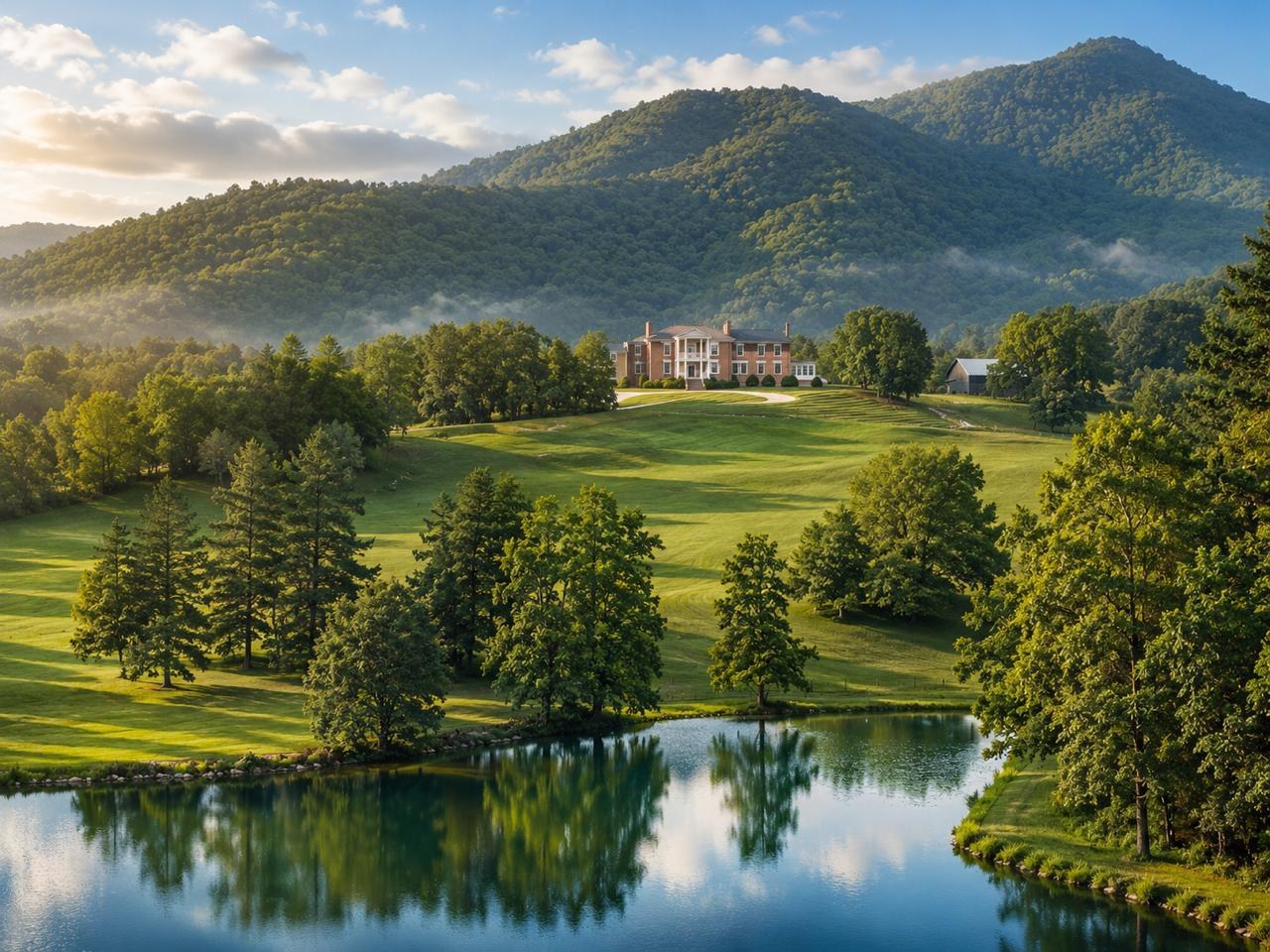 Morning mist over the Blue Ridge ridgelines above the Institute's private lake and grounds.