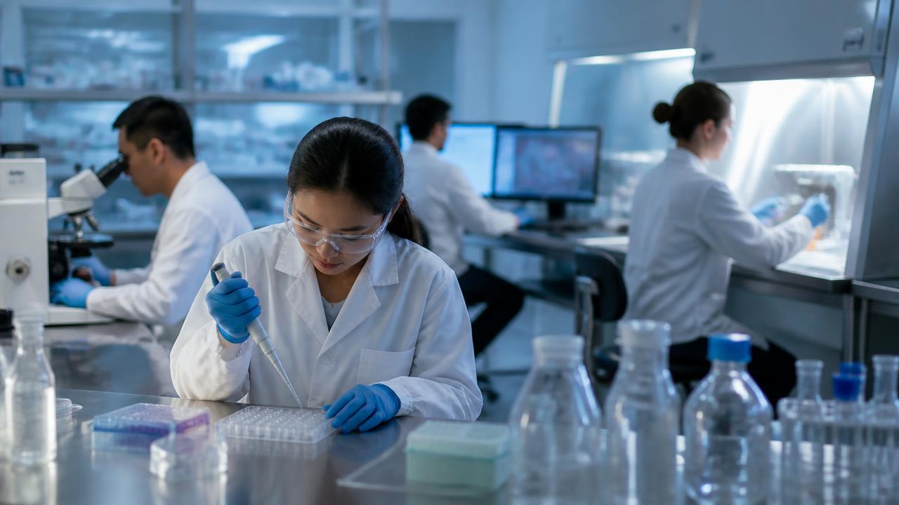 Researchers at work in a laboratory, using pipettes, microscopes, and a biosafety cabinet.